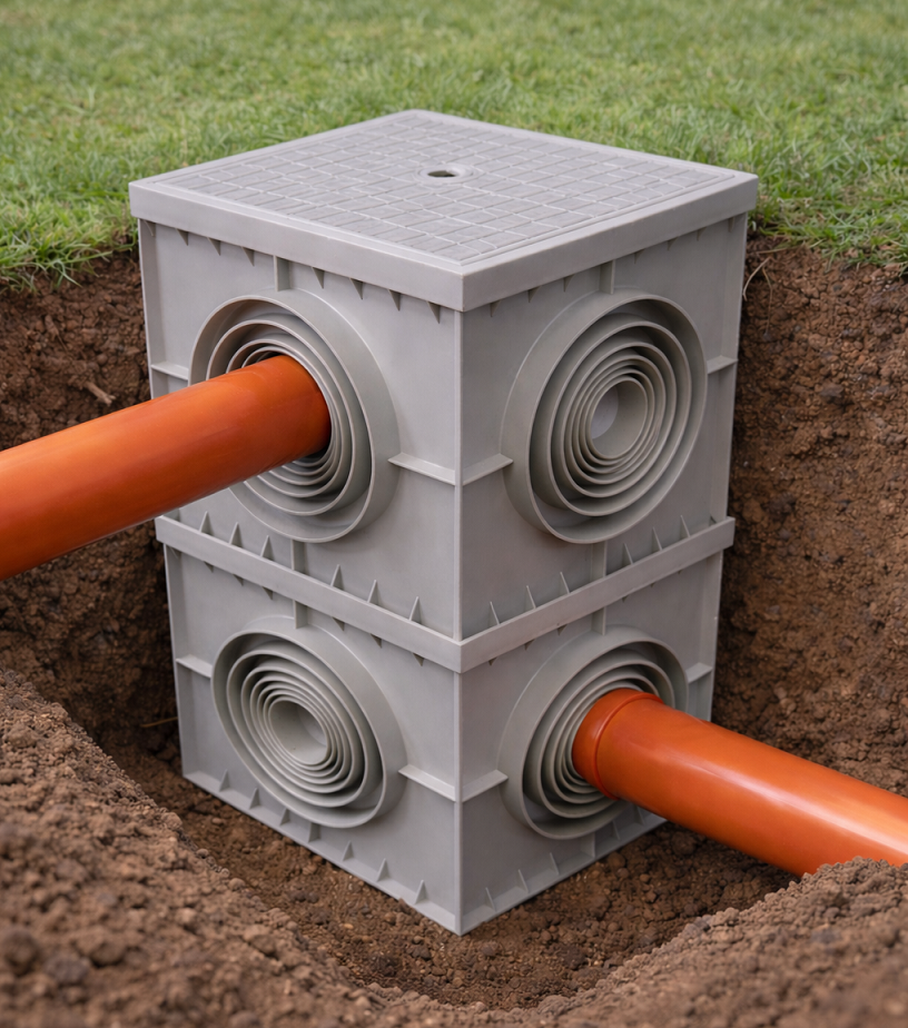 Schéma přítoků a odtoku vtokové revizní šachty 400x400