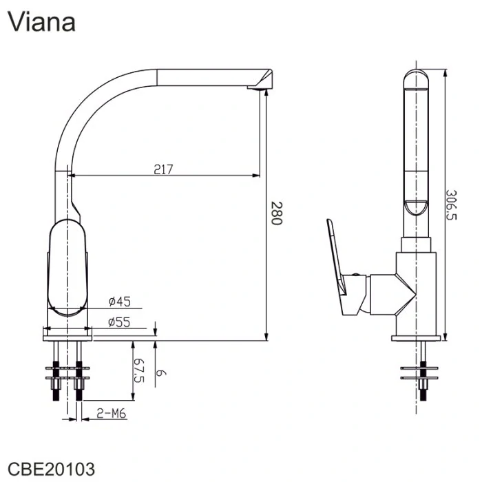 Dřezová stojánková baterie, Viana, s ramínkem nad pákou, výška 306 mm, chrom