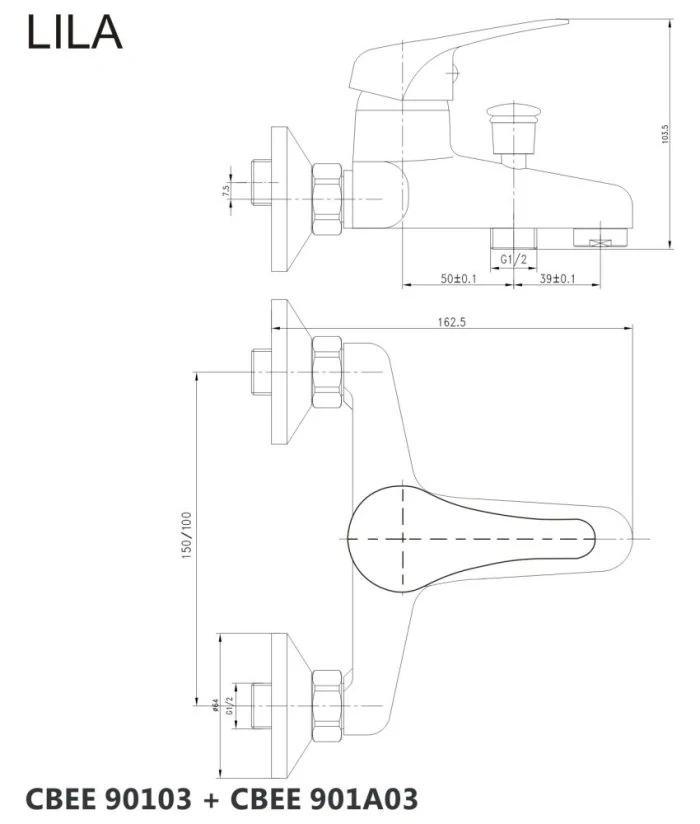 Vanová nástěnná baterie, Lila, 150 mm, bez příslušenství, chrom