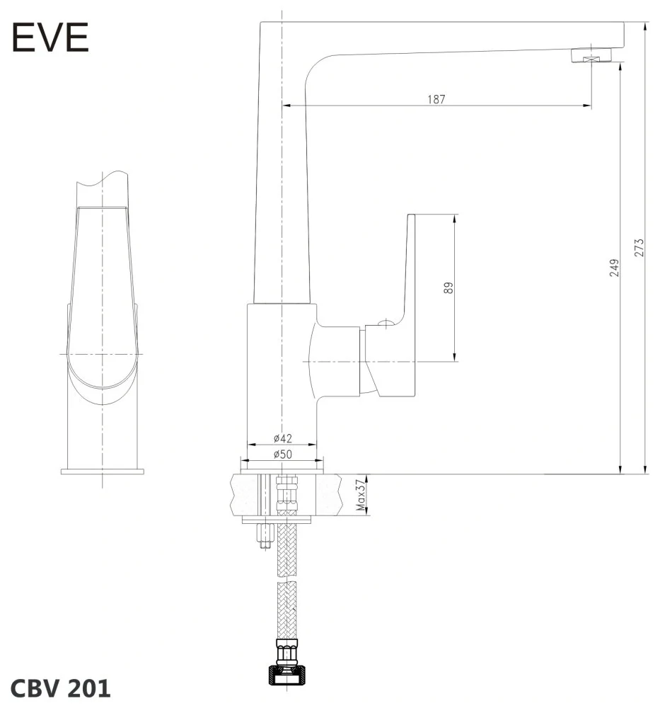 Dřezová stojánková baterie, Eve, s plochým ramínkem nad pákou, výška 273 mm, chrom