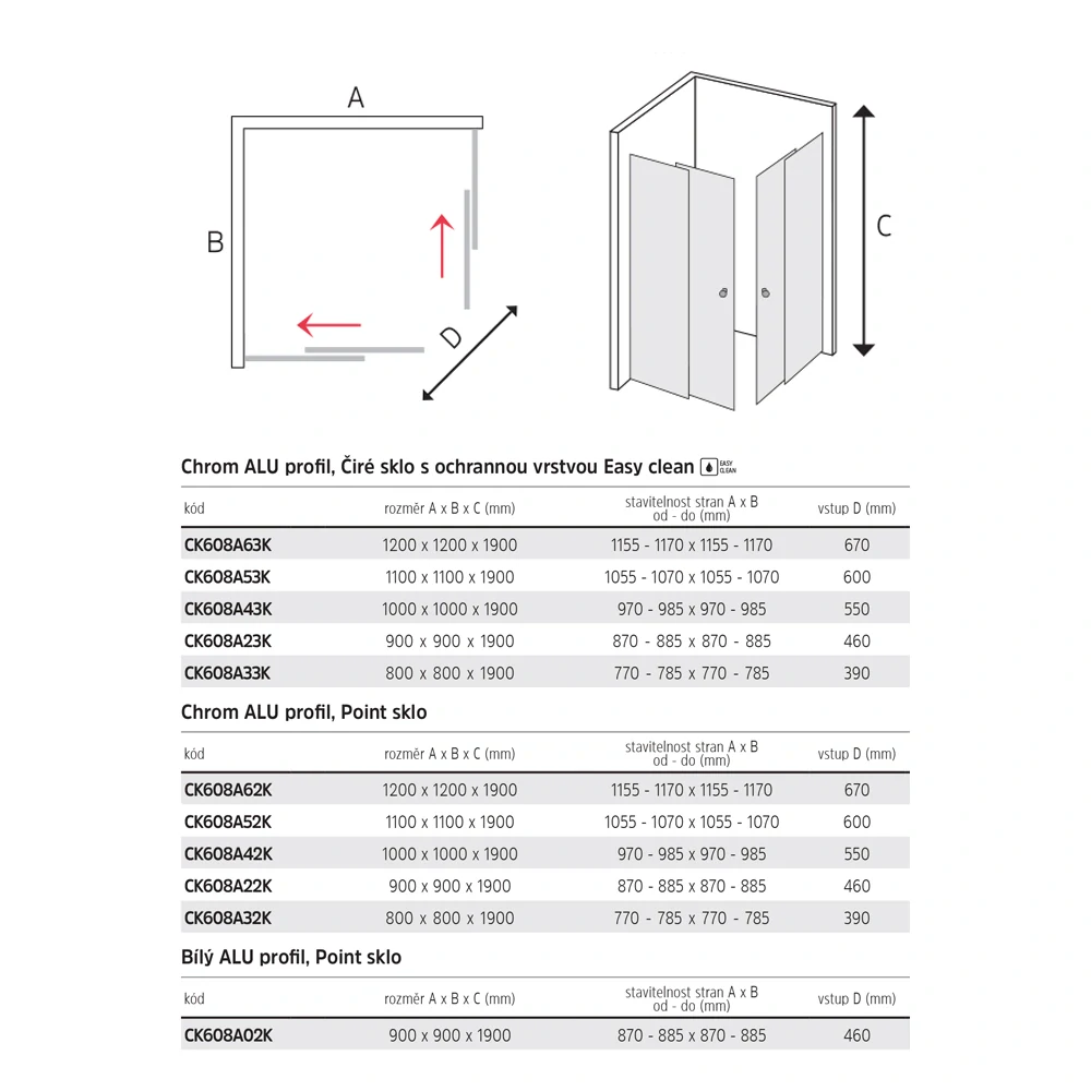 Sprchový kout, Lima, čtverec, 80x80x190 cm, chrom ALU, sklo Čiré
