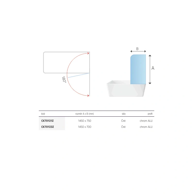 Vanová zástěna, 70 cm, chrom ALU, sklo Čiré