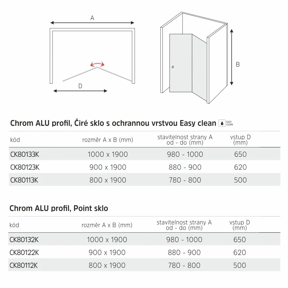 Sprchové dveře, Lima, zalamovací, 100x190 cm, chrom ALU, sklo Point 6 mm