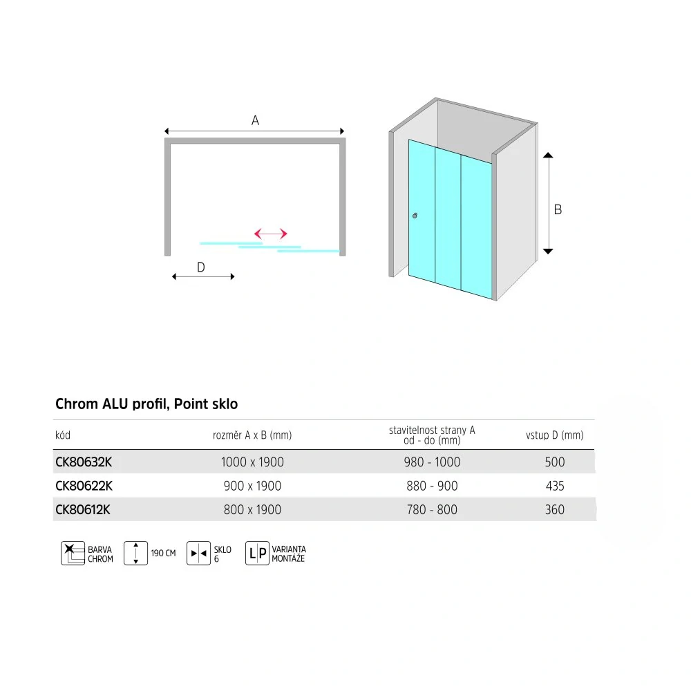 Sprchové dveře, Lima, trojdílné, zasunovací, 90x190 cm, chrom ALU, sklo Point