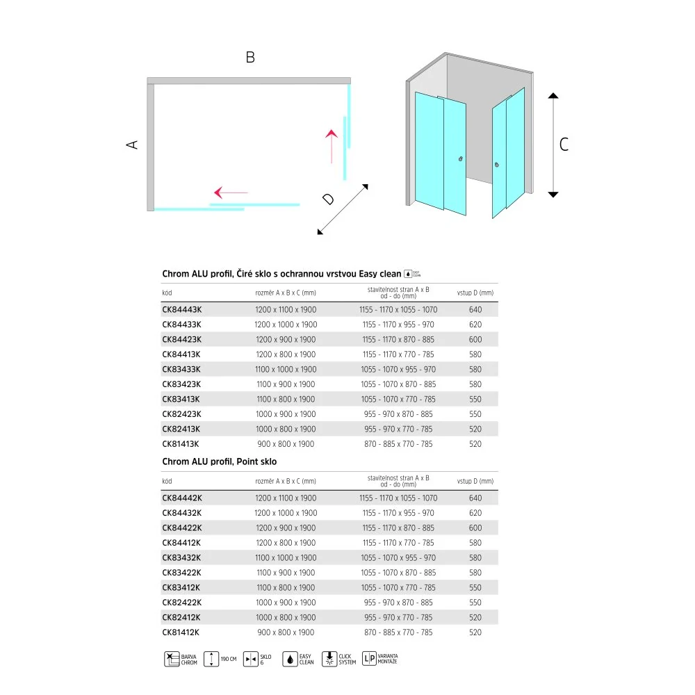 Sprchový kout, LIMA, obdélník, 100x80 cm, chrom ALU, sklo Čiré