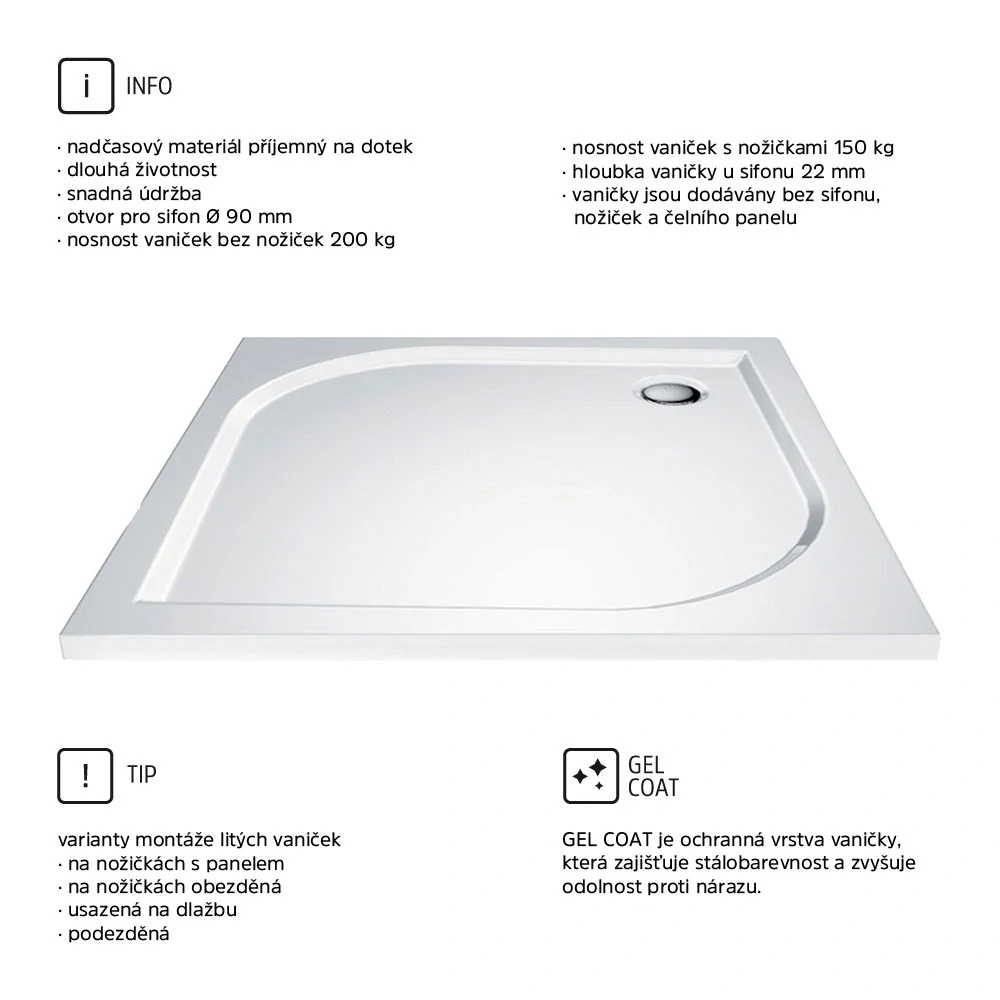 Čtvercová sprchová vanička, 90x90x3 cm, bez nožiček, litý mramor