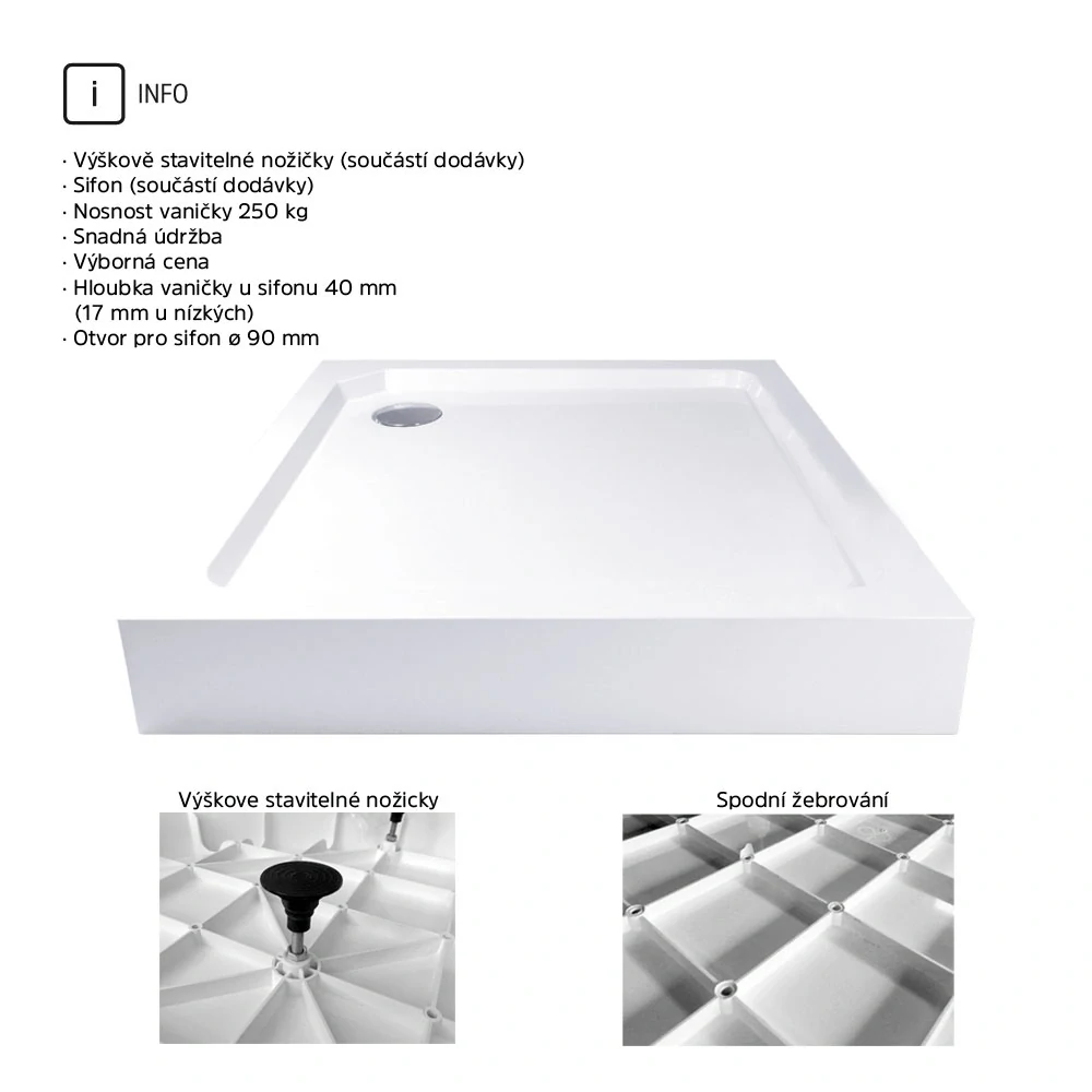 Čtvercová sprchová vanička, 80x80x14 cm, SMC, bílá, včetně nožiček a sifonu