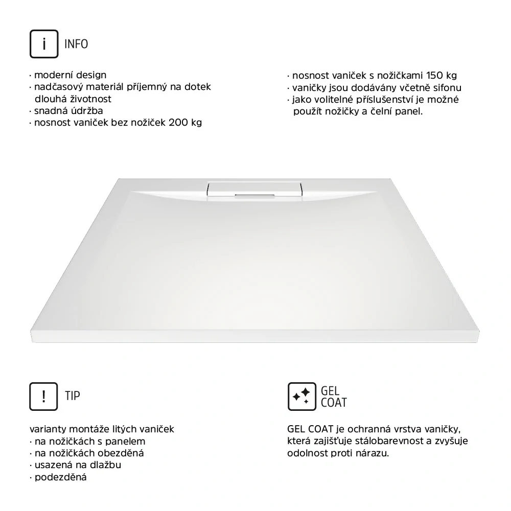 Čtvercová sprchová vanička s hranatým krytem sif., 80x80x3 cm, vč. sif., bez nožiček, litý mramor
