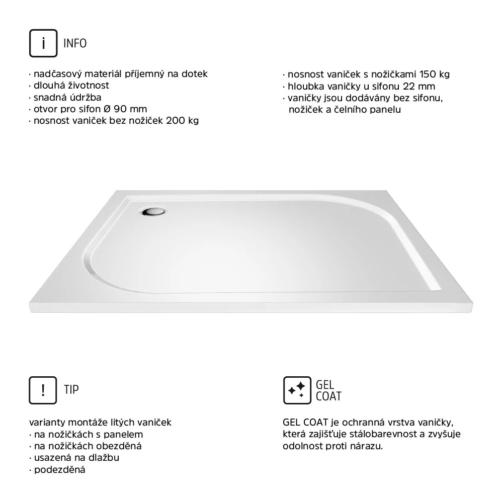 Obdélníková sprchová vanička, 100x90x3 cm, bez nožiček, litý mramor