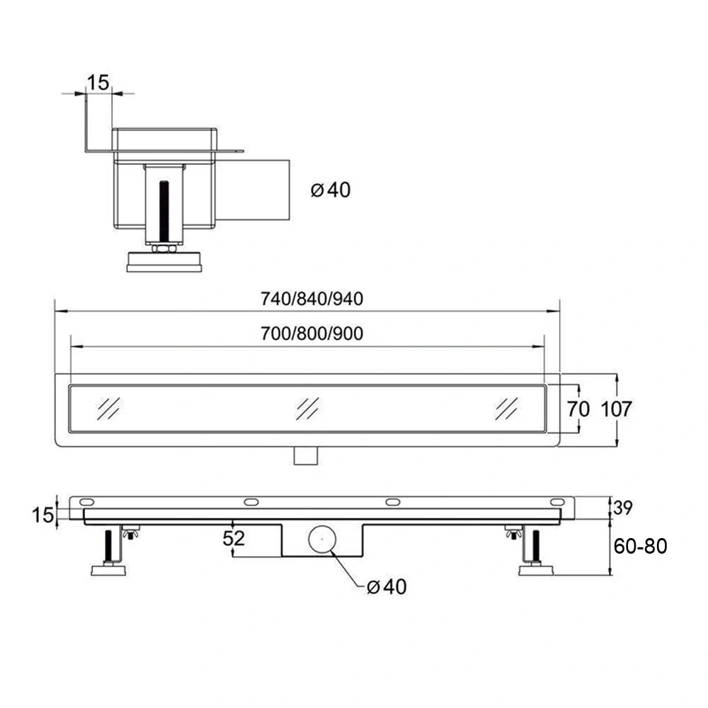 Odtokový sprchový žlab ke stěně 70 cm, vč. roštu TILE