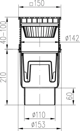 Kanalizační vpusť spodní D110, vodní hladina, nerez mřížka