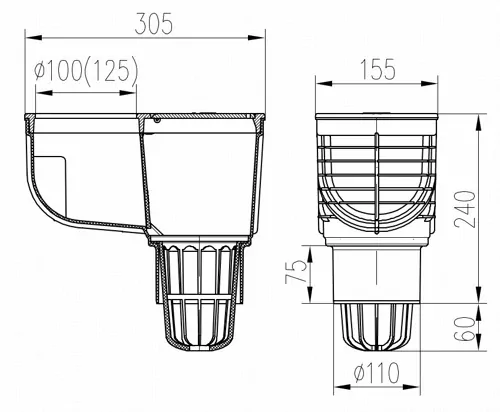 Lapač střešních splavenin spodní D110, litinový povrch, pro svod D100