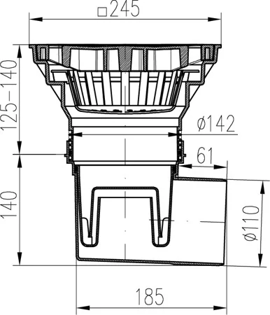 Kanalizační vpusť boční 245x245mm suchá klapka, litinová mřížka SUN