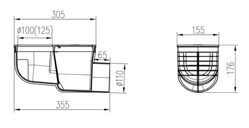 Lapač střešních splavenin boční D110, litinový povrch, pro svod D100