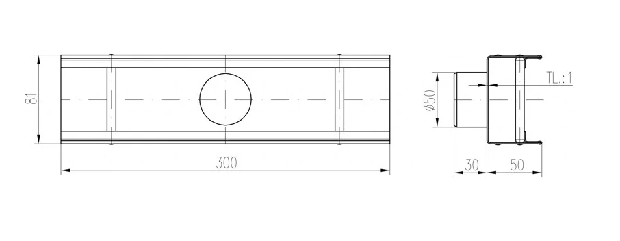 Nerezový odtok venkovního žlabu COVE D50 s mřížkou (300 x 80 x 50 mm)