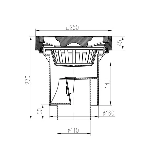 Kanalizační vpusť spodní 250x250mm KG 110/160 12,5 t - suchá klapka, litinový rámeček a mříž