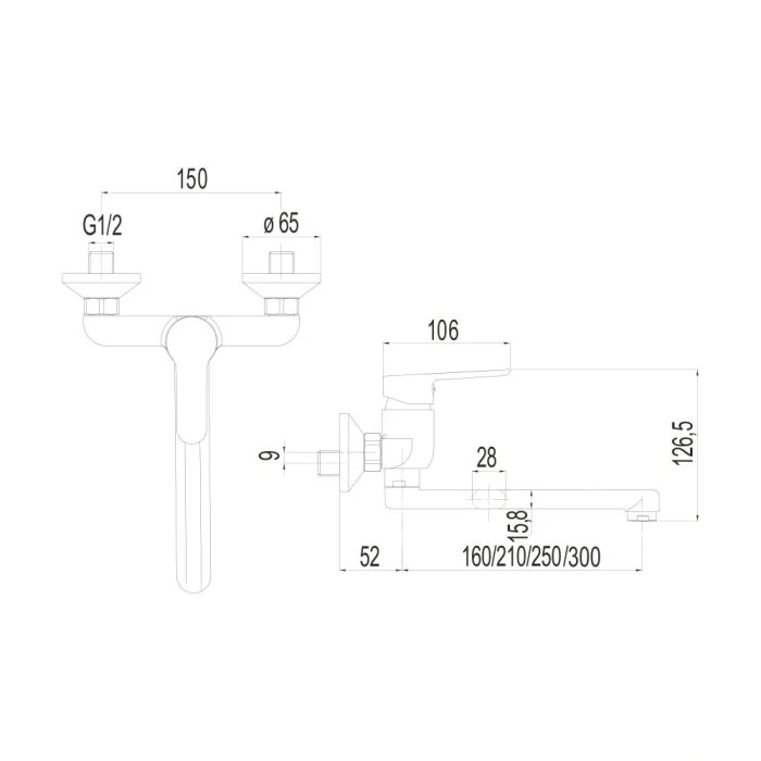Dřezová nástěnná baterie ,Zuna, 100 mm, s ramínkem plochým rovným 210 mm, chrom