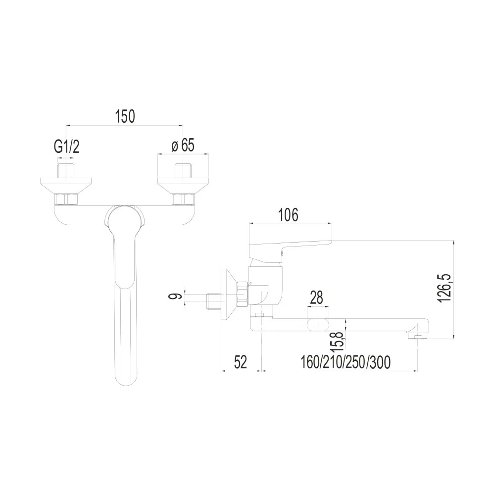 Dřezová nástěnná baterie, Zuna, 150 mm, s ramínkem plochým rovným 210 mm, chrom