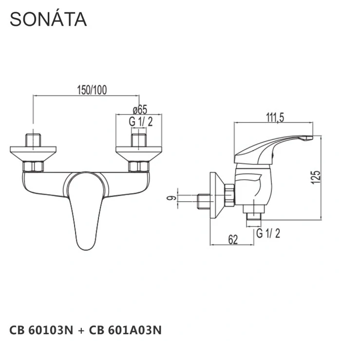Sprchová nástěnná baterie, Sonáta, 100 mm, bez příslušenství, chrom
