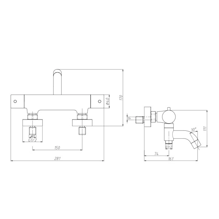 Termostatická nástěnná vanová baterie bez příslušenství