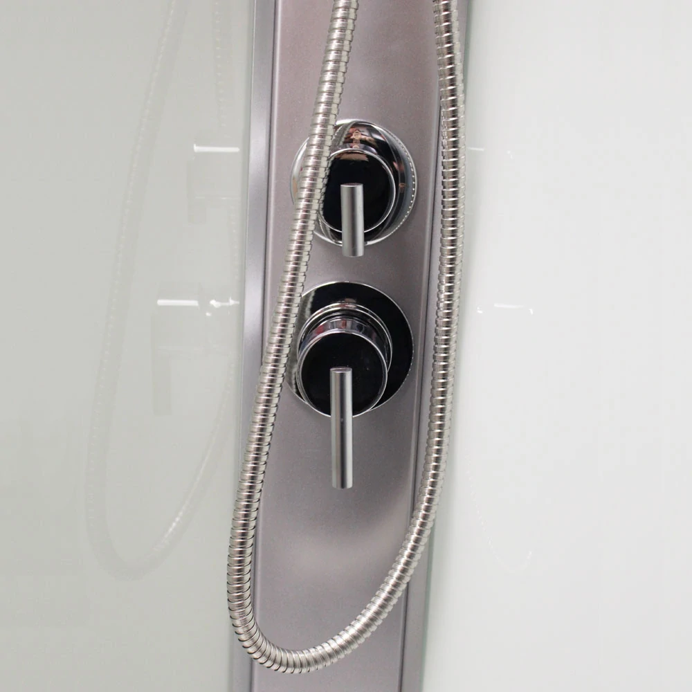 Sprchový box, čtvrtkruh, 90 cm, satin ALU, sklo Point, zadní stěny bílé, litá vanička, bez stříšky