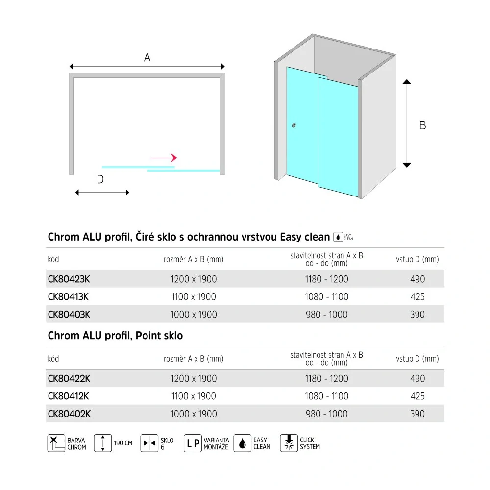Sprchové dveře, LIMA, dvoudílné, zasunovací, 110x190 cm, chrom ALU, sklo Čiré