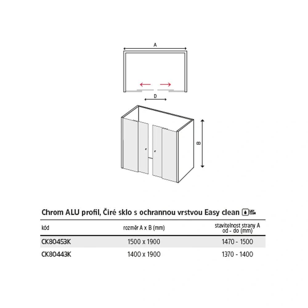 Sprchové dveře, Lima, čtyřdílné, zasunovací, 150x190 cm, chrom ALU, sklo Čiré