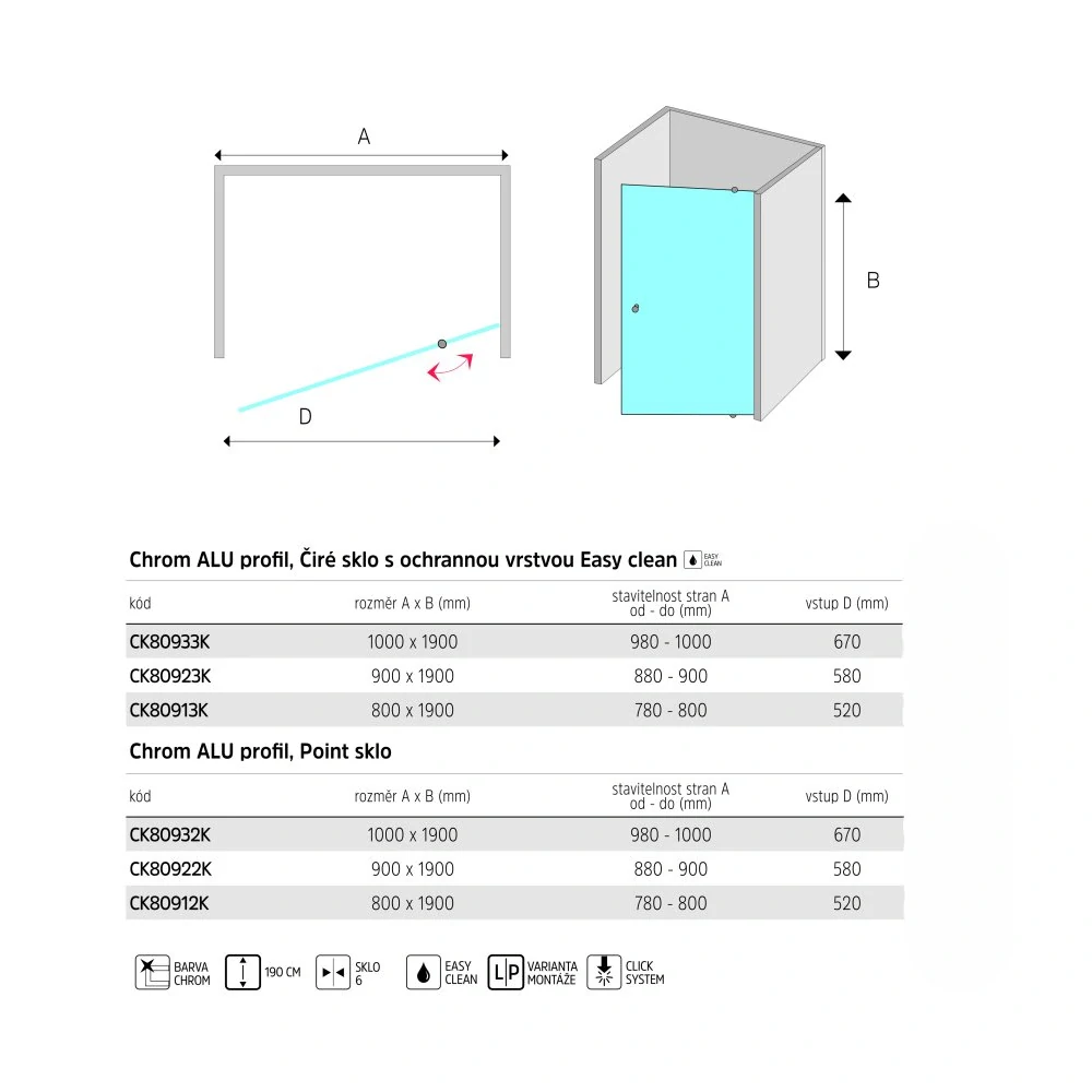 Sprchové dveře, Lima, pivotové, 100x190 cm, chrom ALU, sklo Čiré 6 mm