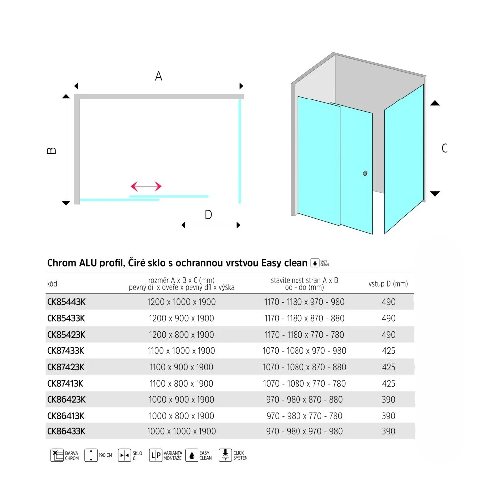 Sprchový kout, LIMA, obdélník, 100x80x190 cm, chrom ALU, sklo Čiré
