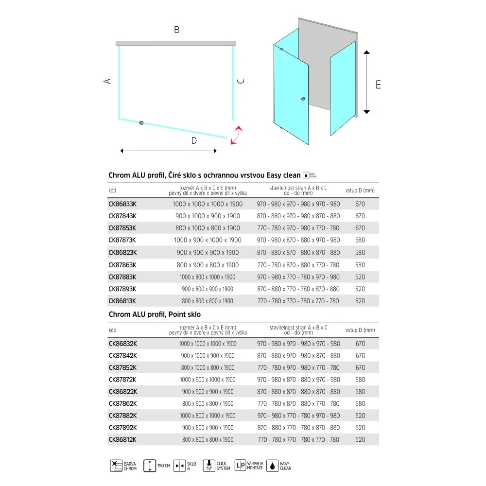 Sprchový kout, Lima, čtverec, 90x90x190 cm, chrom ALU, sklo Čiré, dveře pivotové