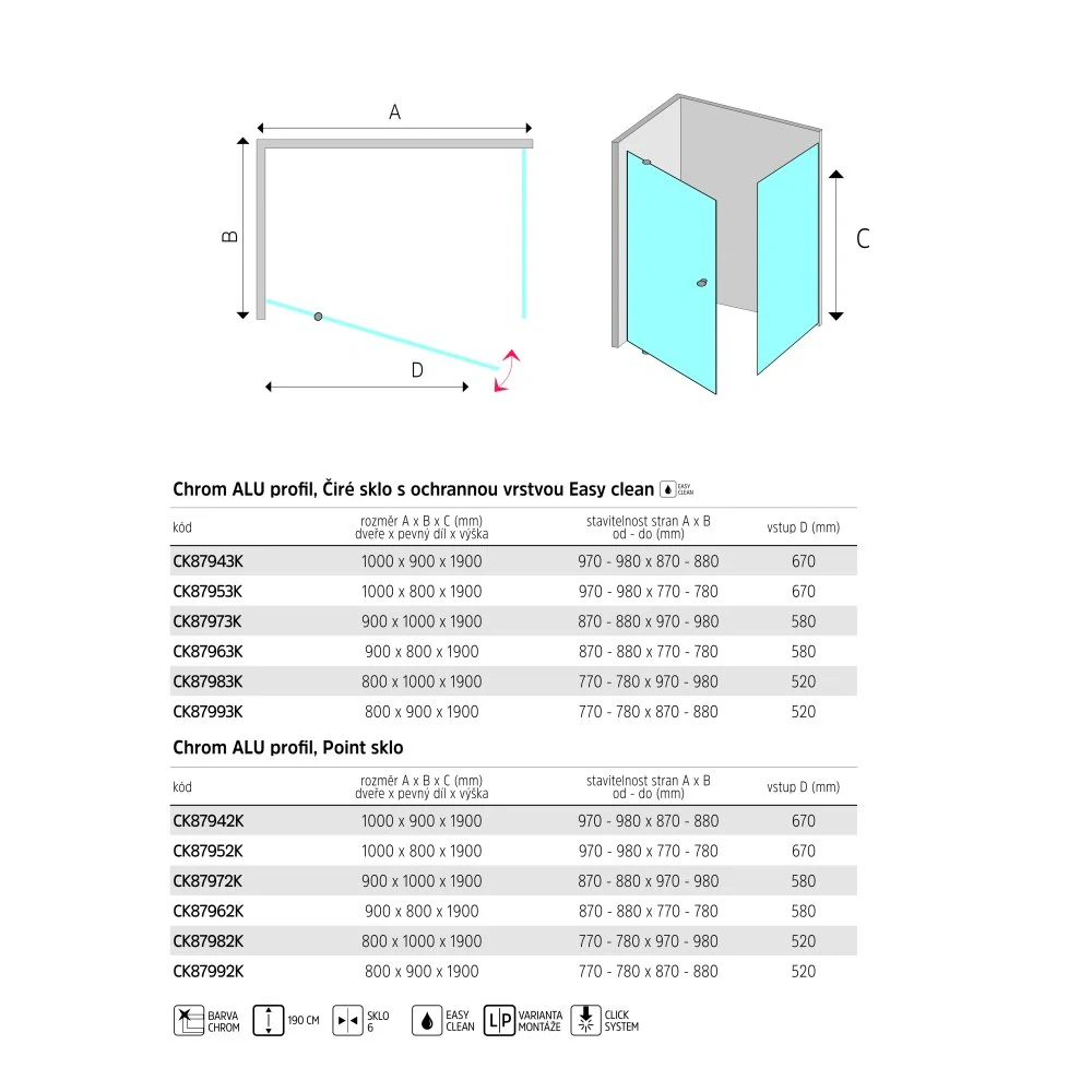 Sprchový kout, Lima, obdélník, 100x90x190 cm, chrom ALU, sklo Čiré