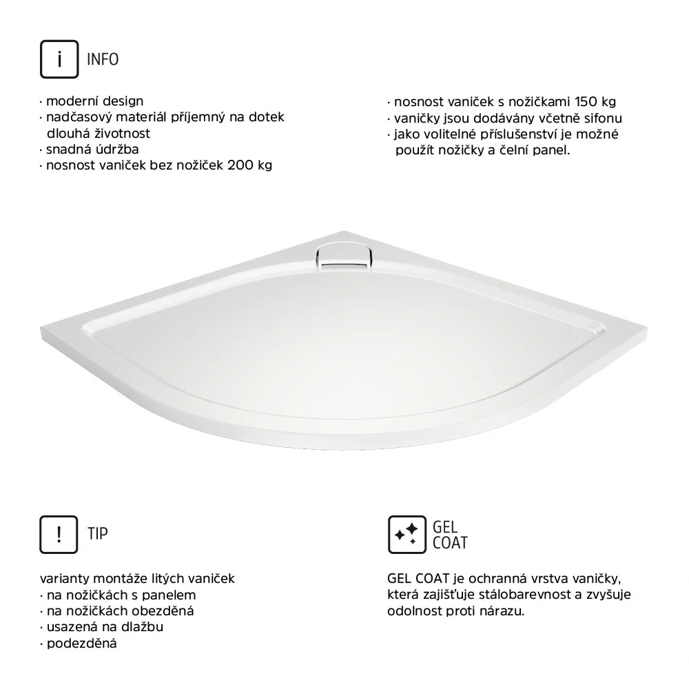 Čtvrtkruhová sprchová vanička s oblým krytem sif., 80x80x3 cm, vč. sif., bez nožiček, litý mramor