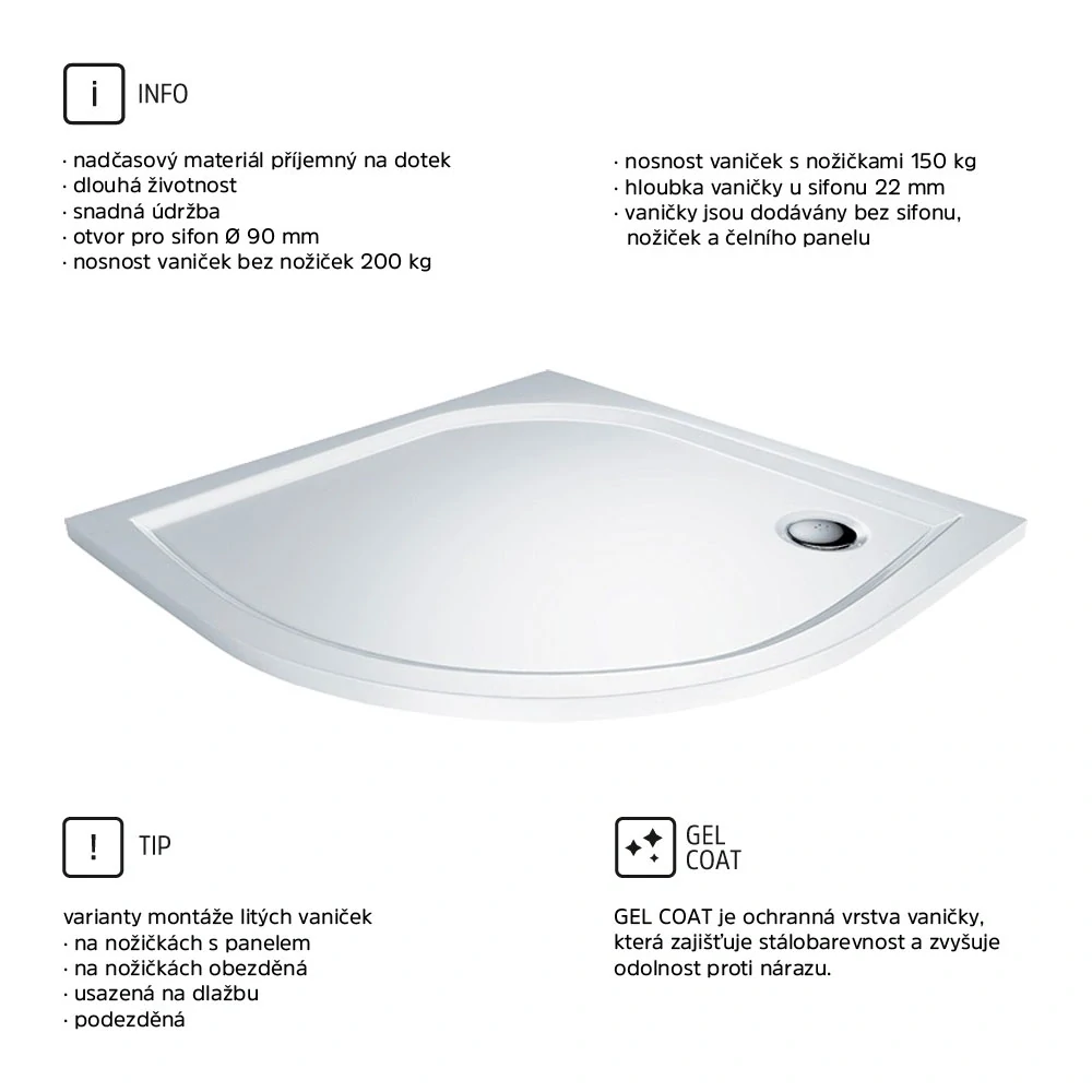 Čtvrtkruhová sprchová vanička, 80x80x3 cm, R550, bez nožiček, litý mramor