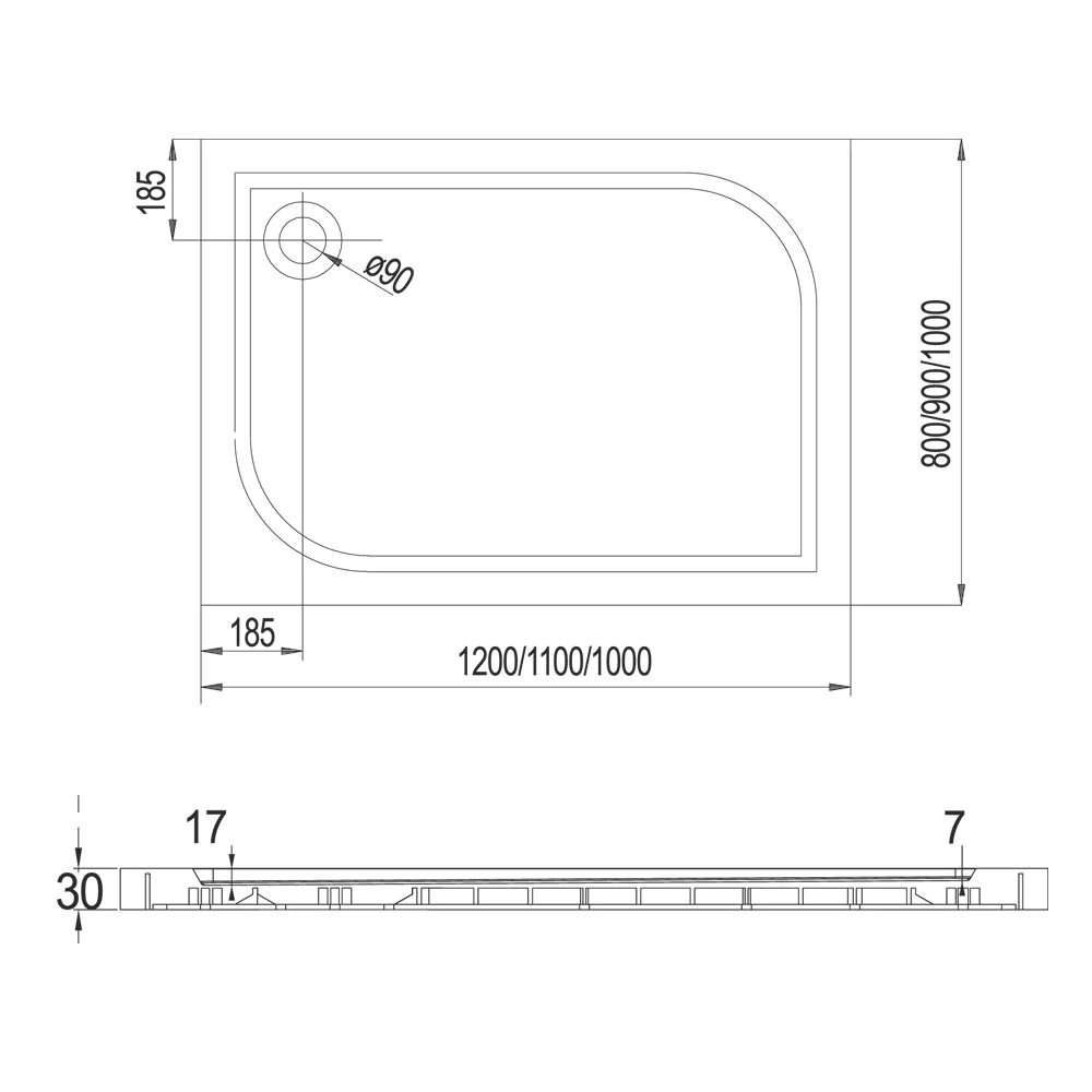 Obdélníková sprchová vanička, 100x90x3 cm, bez nožiček, litý mramor