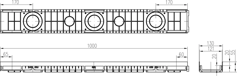 Venkovní žlab s litinovou mřížkou 130x55x1000mm