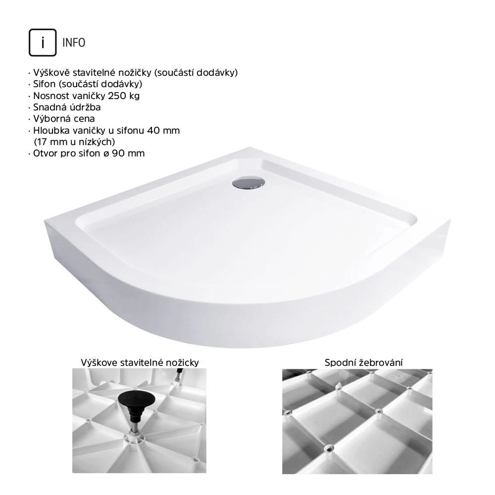 Čtvrtkruhová sprchová vanička R550, 80x80x14 cm, SMC, bílá, včetně nožiček a sifonu