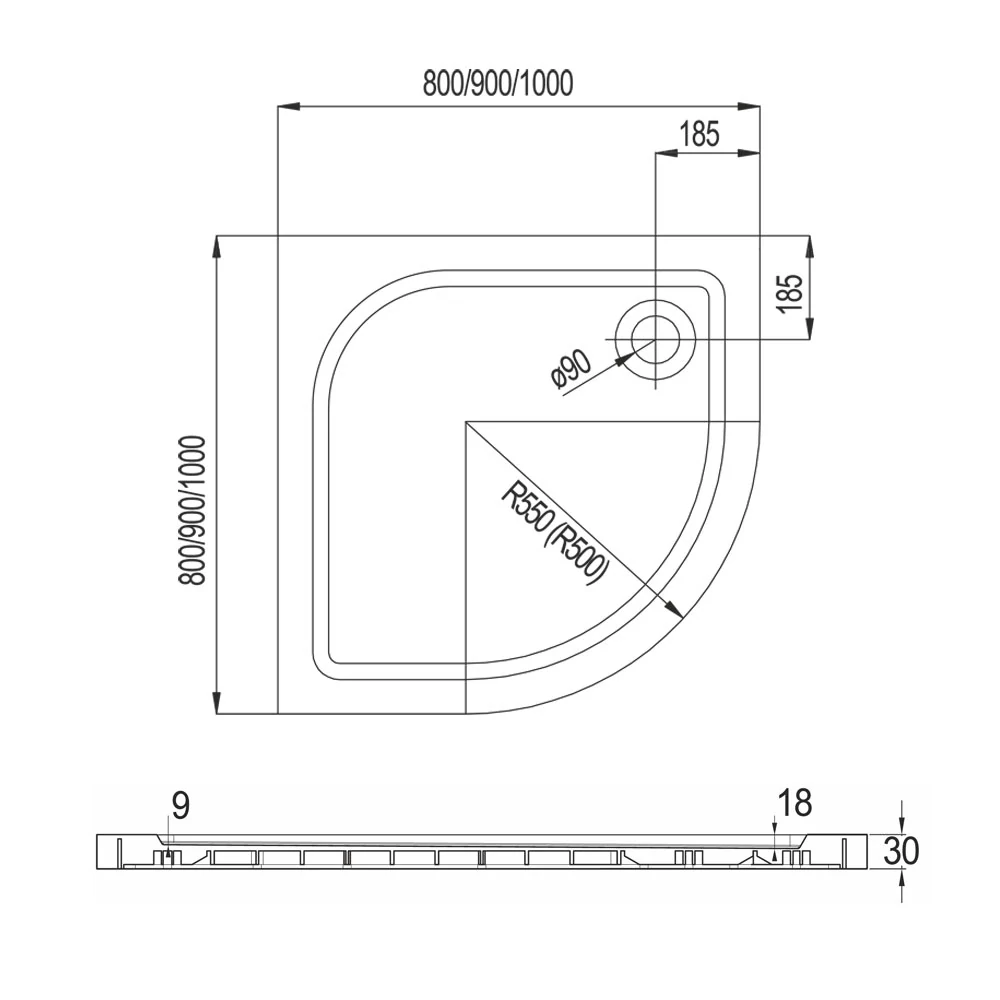 Čtvrtkruhová sprchová vanička, 100x100x3 cm, R550, bez nožiček, litý mramor