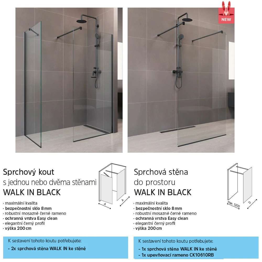 Sprchová stěna WALK IN, Novea, 110 x 200 cm, black ALU, sklo Čiré