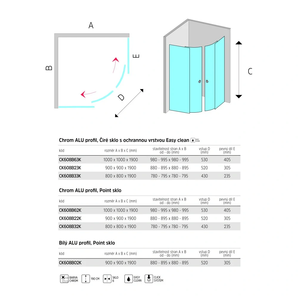 Sprchový set: LIMA, čtvrtkruh, 100x190 cm, R 550, chrom ALU, sklo Čiré, vanička z litého mramoru