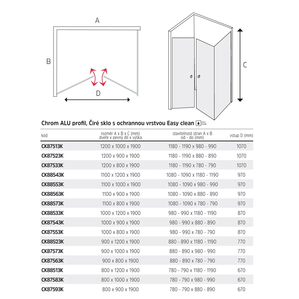 Sprchový kout, Lima, obdélník, 110x80x190 cm, chrom ALU, sklo Čiré