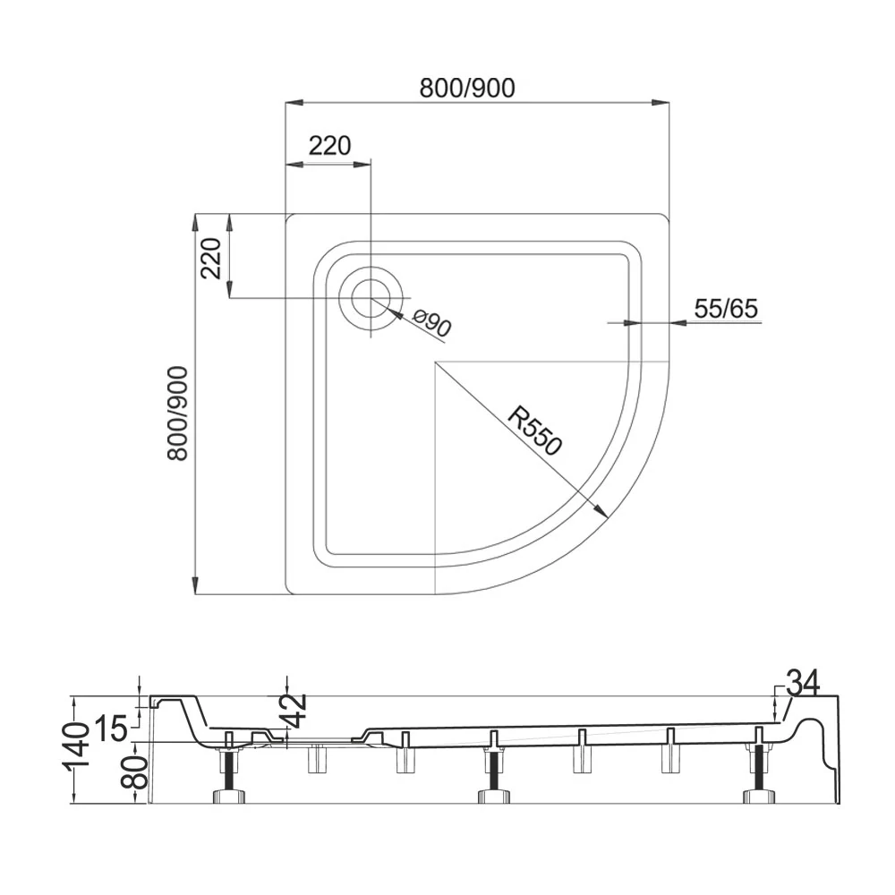 Čtvrtkruhová sprchová vanička R550, 80x80x14 cm, SMC, bílá, včetně nožiček a sifonu