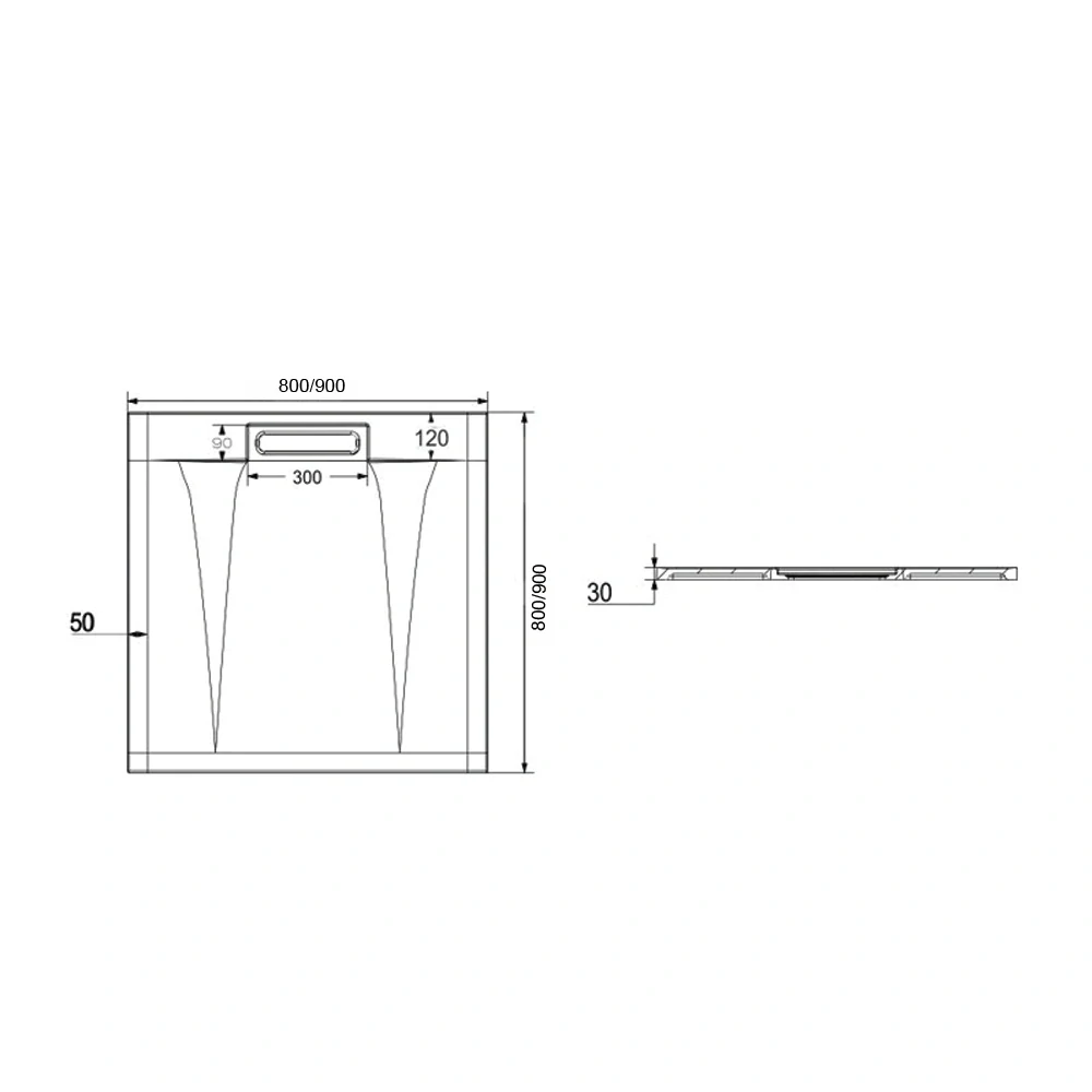 Čtvercová sprchová vanička s hranatým krytem sif., 80x80x3 cm, vč. sif., bez nožiček, litý mramor