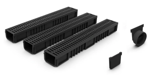 Venkovní odtokový žlab 130×105×1000 mm – set 3 ks + koncovka + boční odtok DN110